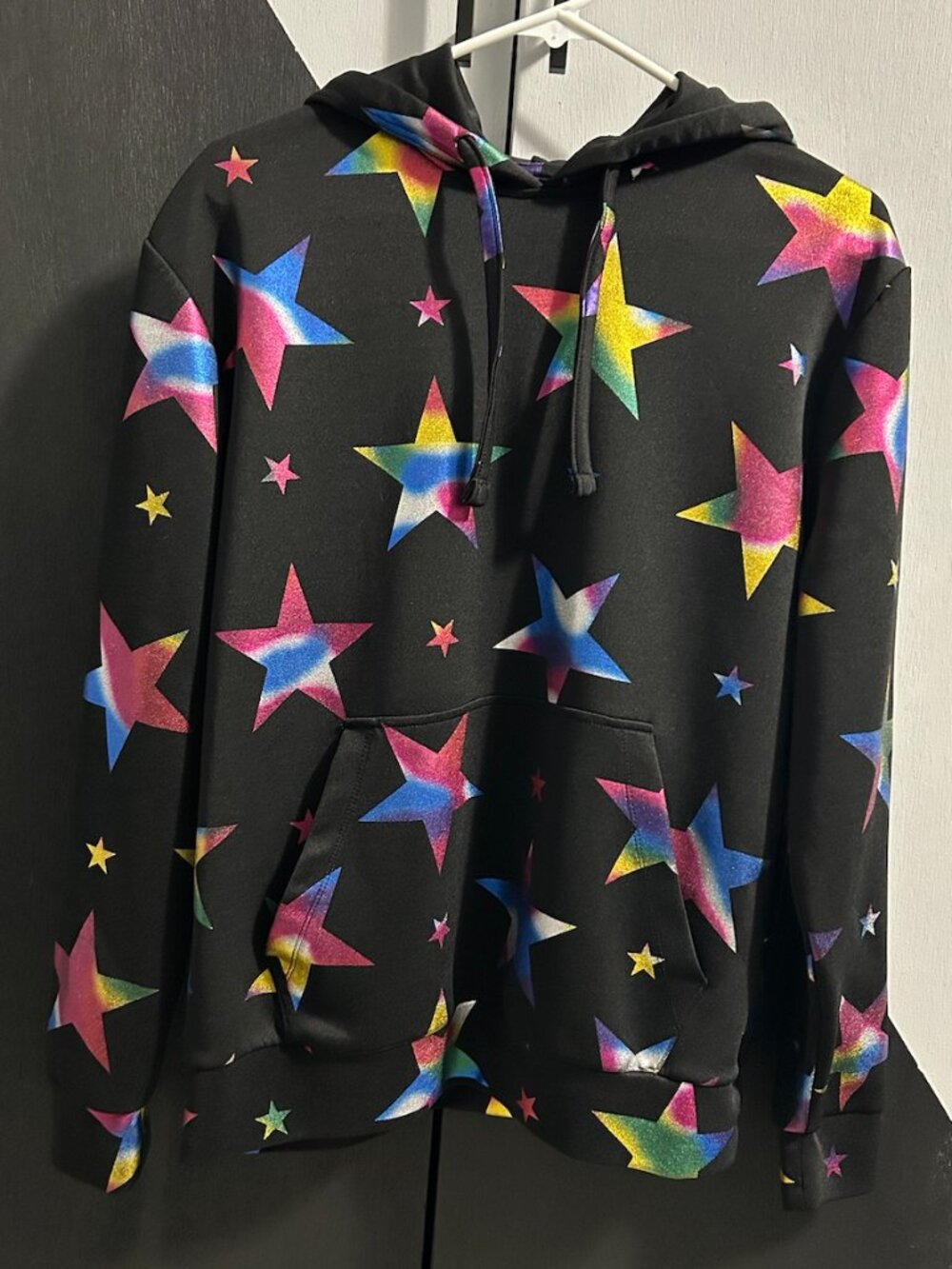 Drill Clothing Company Black Hoodie Colorful Foil Star Print Women's M